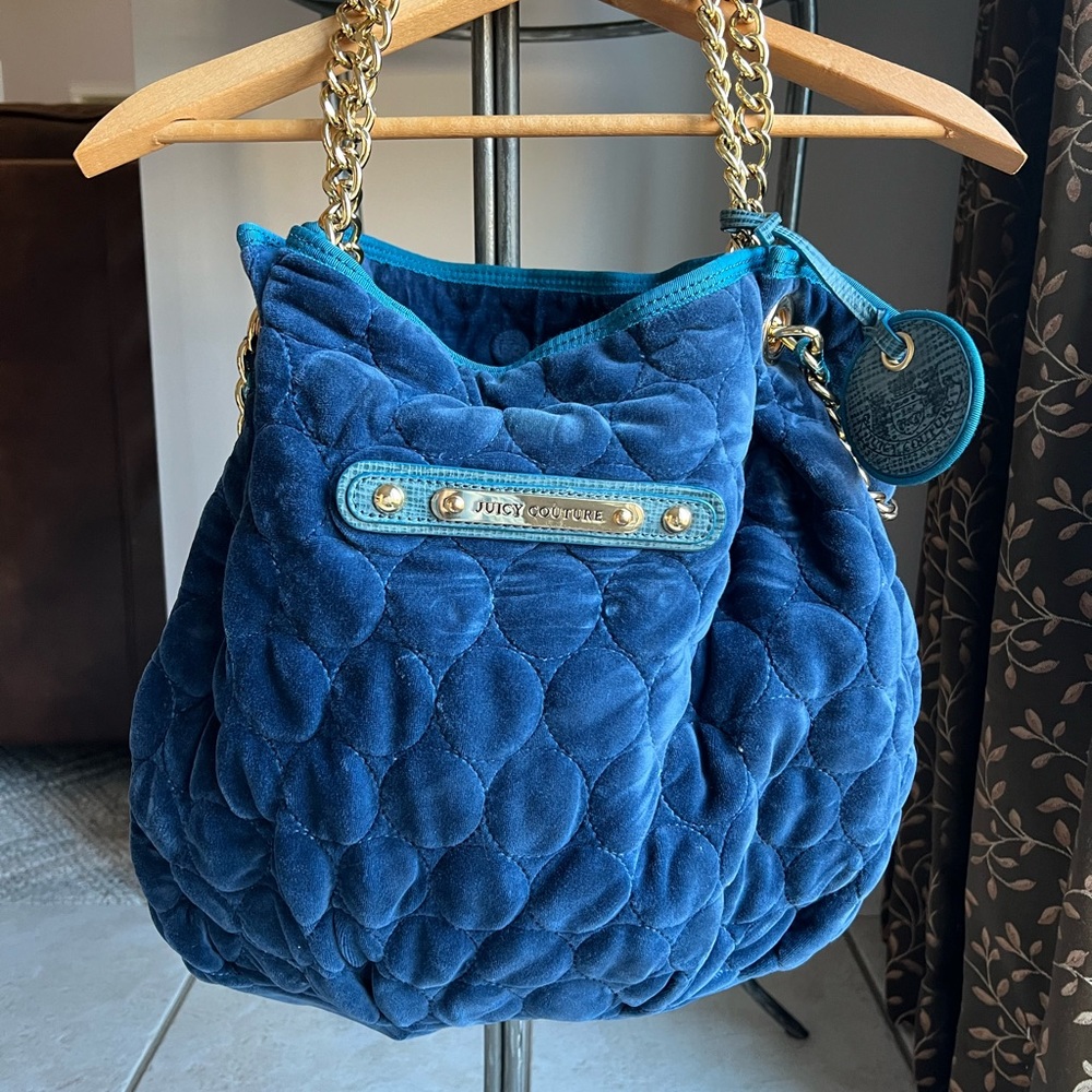 Juicy Couture, vintage velour/leather teal, gold accent shoulder strap handbag